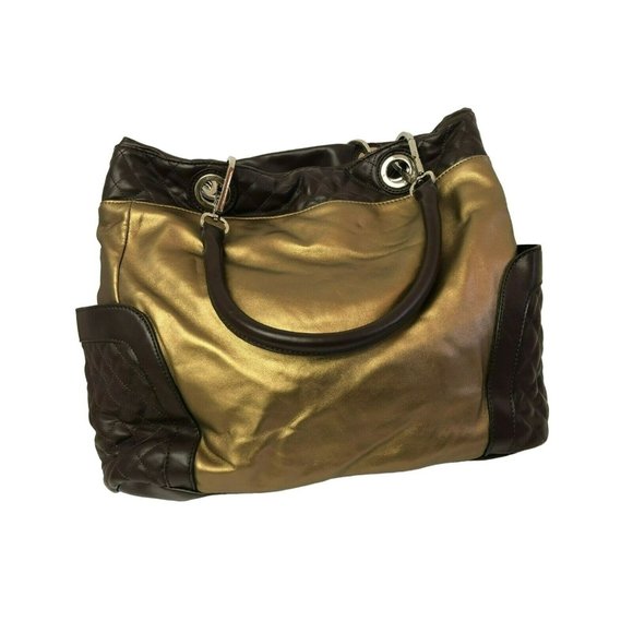 Joes Mangano Womens Hand Bag Reversable Purse Tote Gold Brown Adjustable Plast - Picture 8 of 10